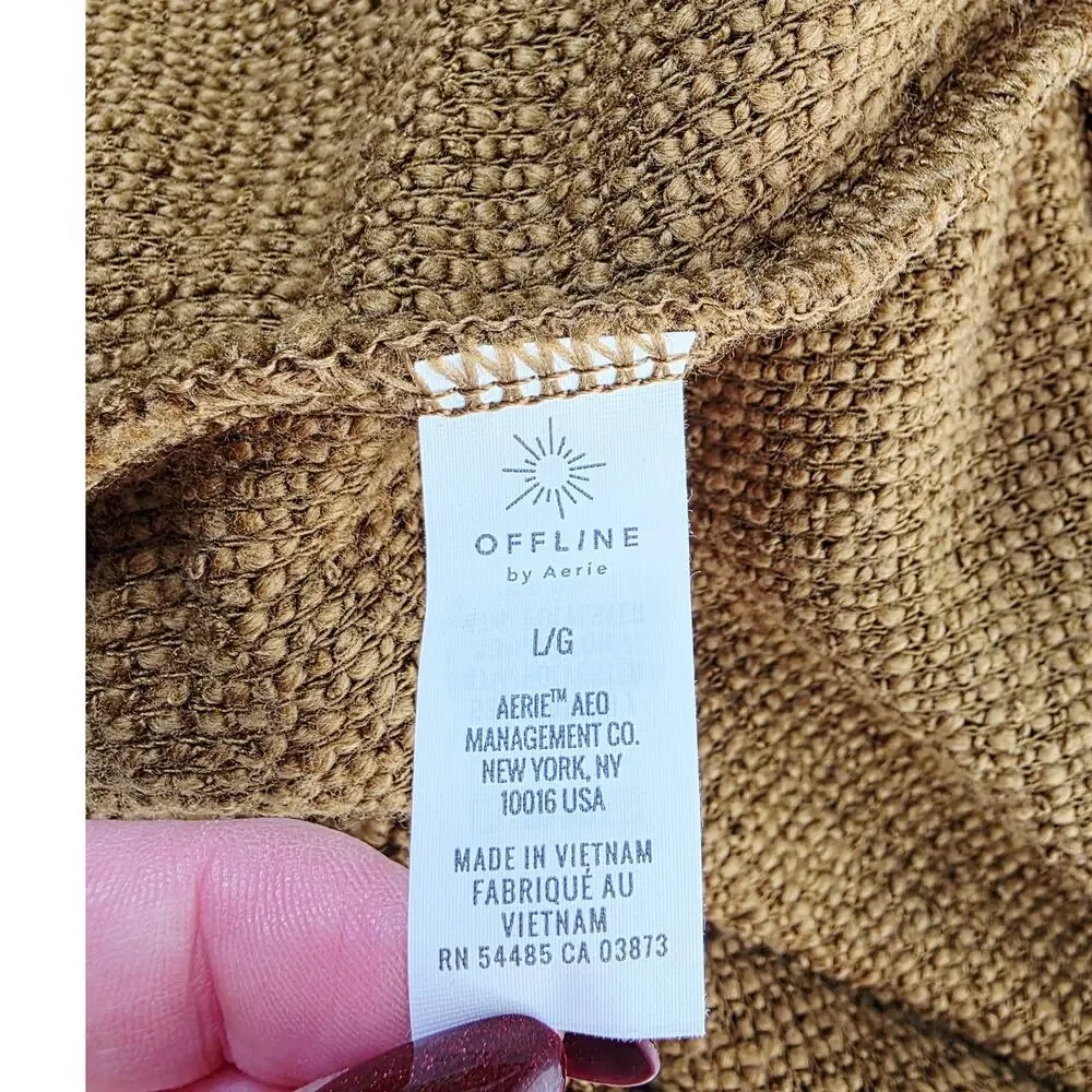 Aerie OFFLINE Hoodie Large Brown Textured Knit Thumbhole Pockets Cozy Athleisure
